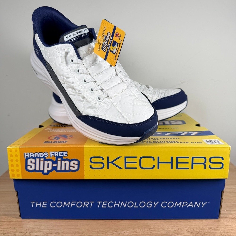Skechers Men's Slip-ins Cozy Fit Sneakers Size 9 White Navy Hands Free 232619